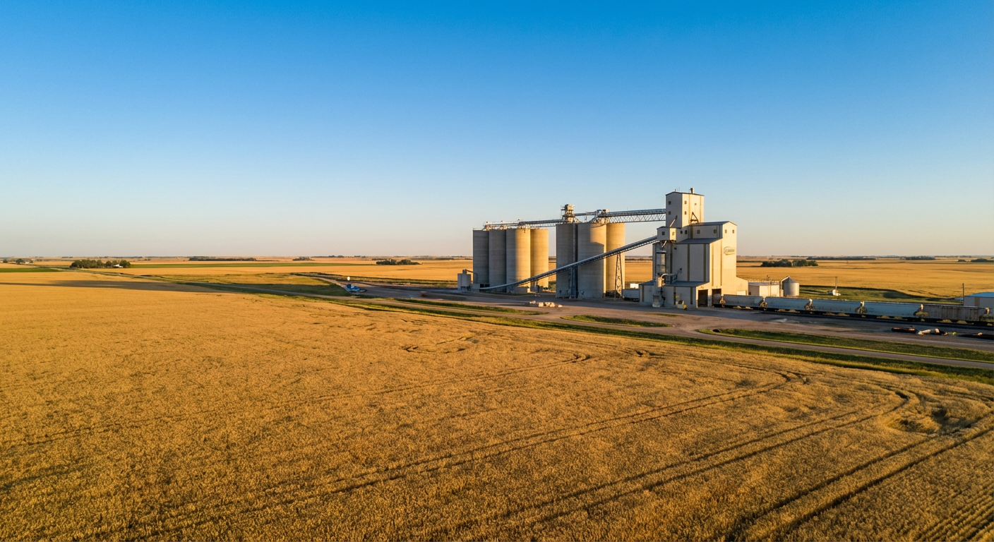 Golden wheat field with grain elevator — GrainsBrok international grain brokerage